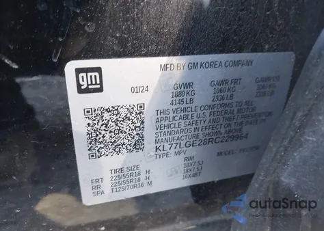 2024 Chevrolet Trax Fwd 1Rs из США, поврежденный, VIN KL77LGE28RC229964